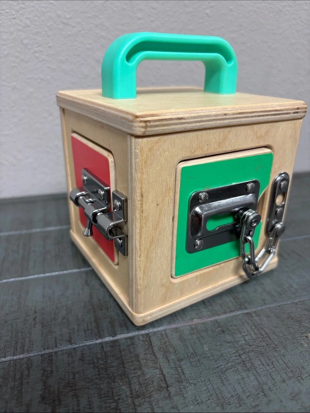 Lovevery Wooden Learning Lockbox Toy with Teal Handle - Fine Motor Practice